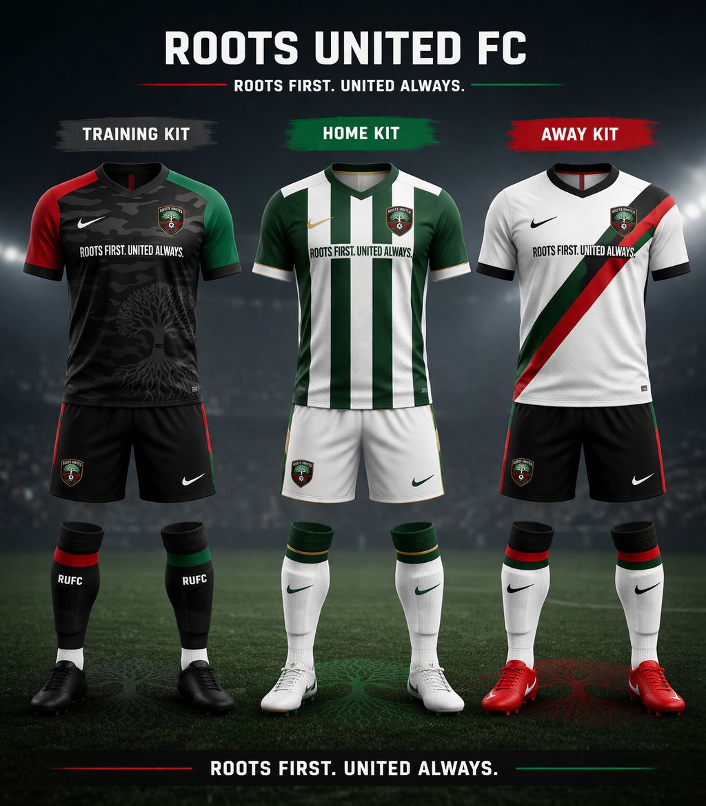 Roots United FC Full Kit Sheet — Training, Home and Away